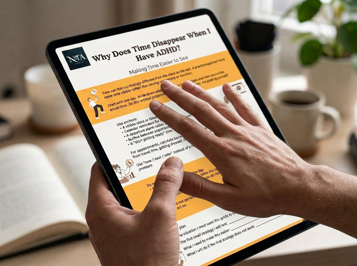 A person holding a tablet showing a digital document about ADHD, with hands interacting with the screen in a warm, softly blurred indoor setting.
