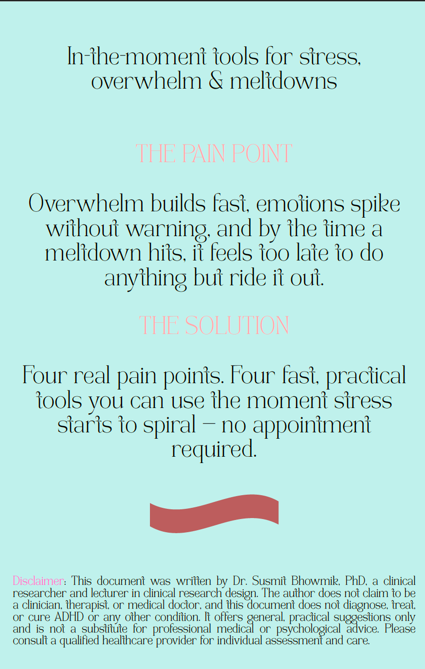 ADHD meltdown relief guide showing 4 immediate coping tips for adults