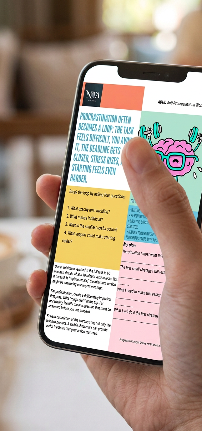 A hand holding a smartphone showing a digital planner or workbook template with colorful text blocks and a cartoon illustration on the screen.