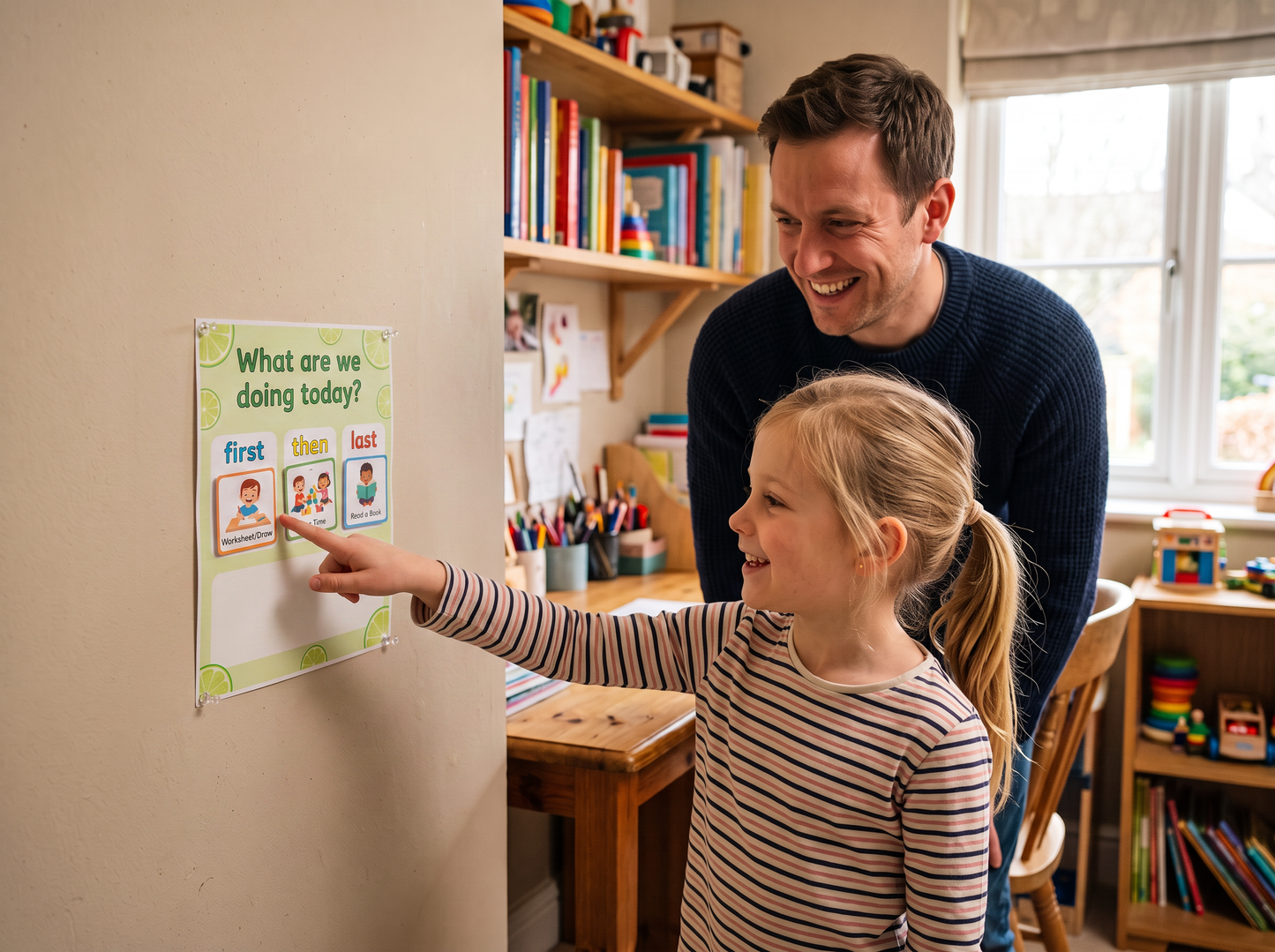 A young girl in a striped shirt points to a children's educational poster on a wall, with a smiling man standing behind her in a bright, book-filled classroom.
