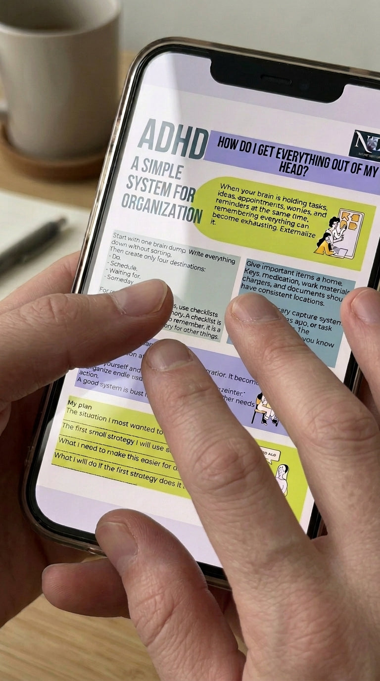 A close-up of a person holding a smartphone and pointing at a printed or digital ADHD organization poster displayed on the screen. The poster has a white background with colorful text blocks and headings including 'ADHD' and 'A SIMPLE SYSTEM FOR ORGANIZATION'.