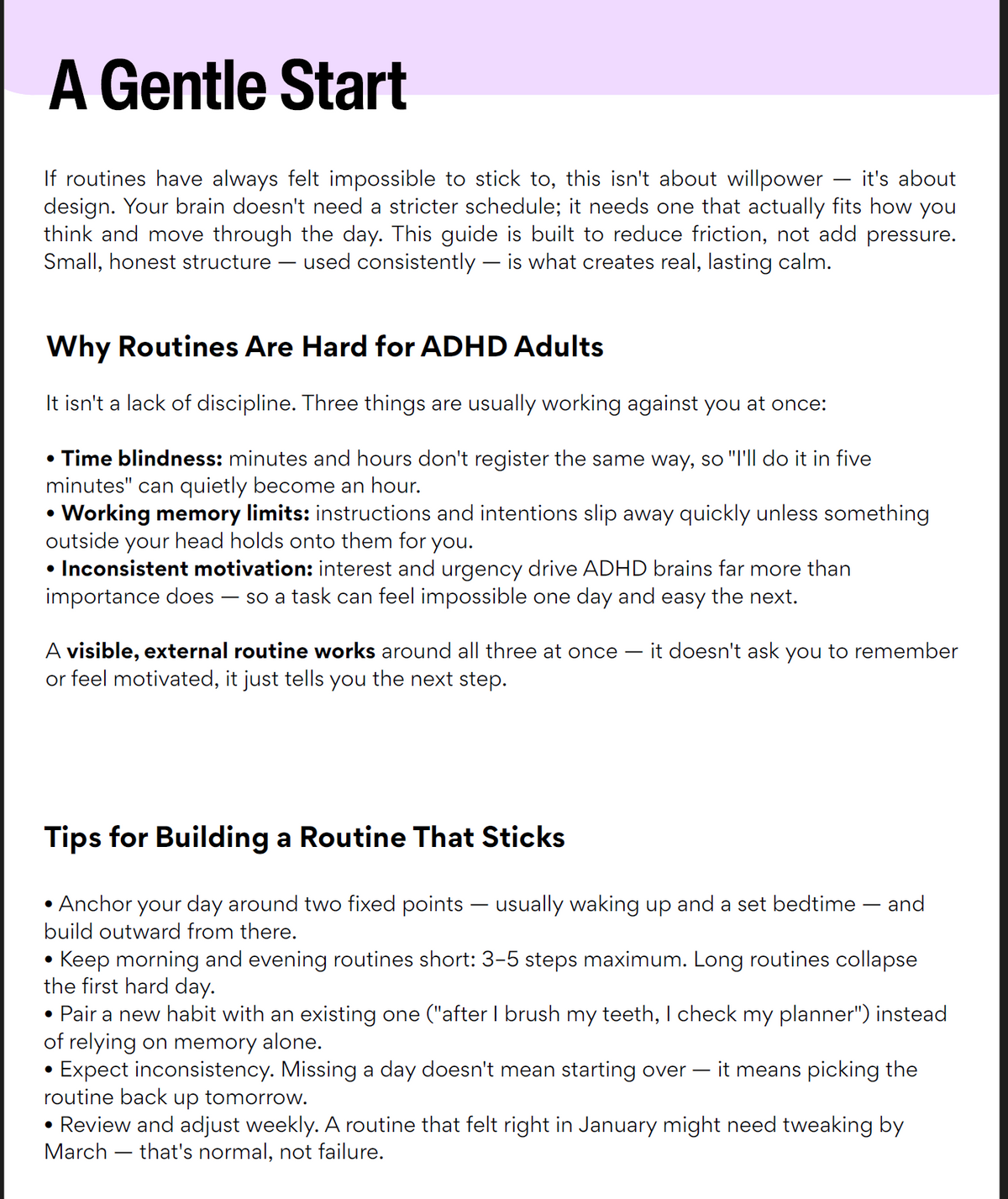 A digital document page titled 'A Gentle Start' with a light lavender background, featuring text sections on 'Why Routines Are Hard for ADHD Adults' and 'Tips for Building a Routine That Sticks' in black font.