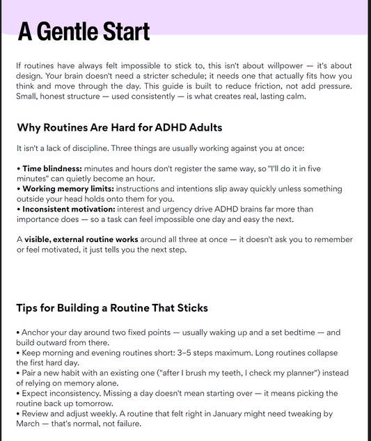 A digital document page titled 'A Gentle Start' with a light lavender background, featuring text sections on 'Why Routines Are Hard for ADHD Adults' and 'Tips for Building a Routine That Sticks' in black font.