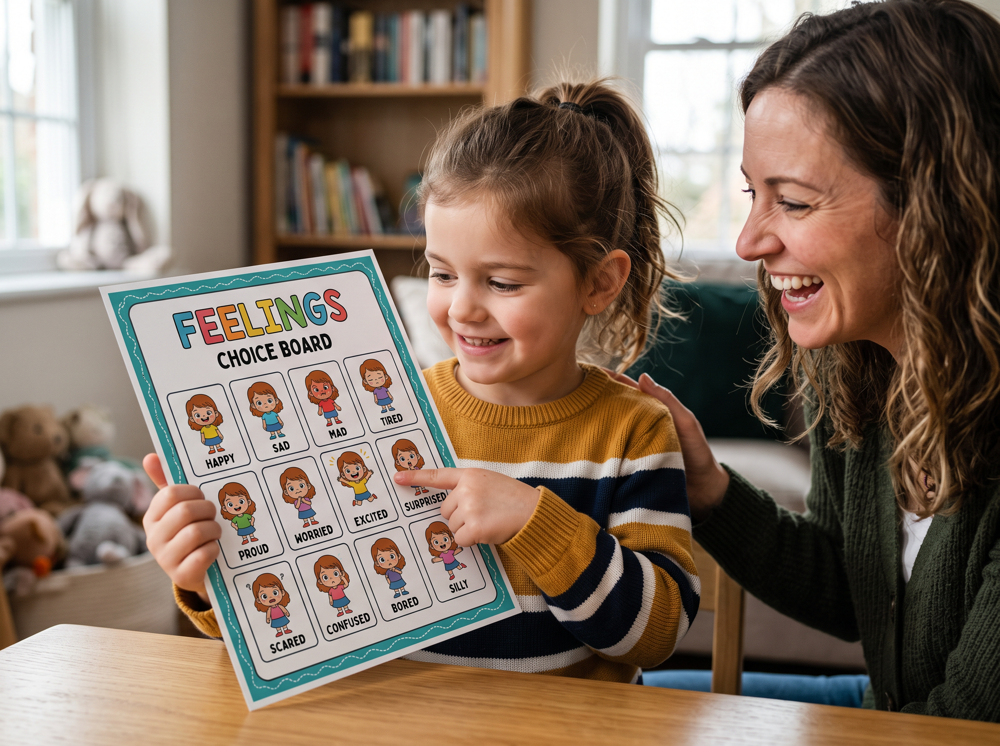 A young neurodivergent girl and a smiling woman sit at a wooden table in a cozy room, looking at a printed 'Feelings Choice Board' chart. The girl wears a yellow, navy, and white striped sweater, and the woman wears a dark green cardigan.