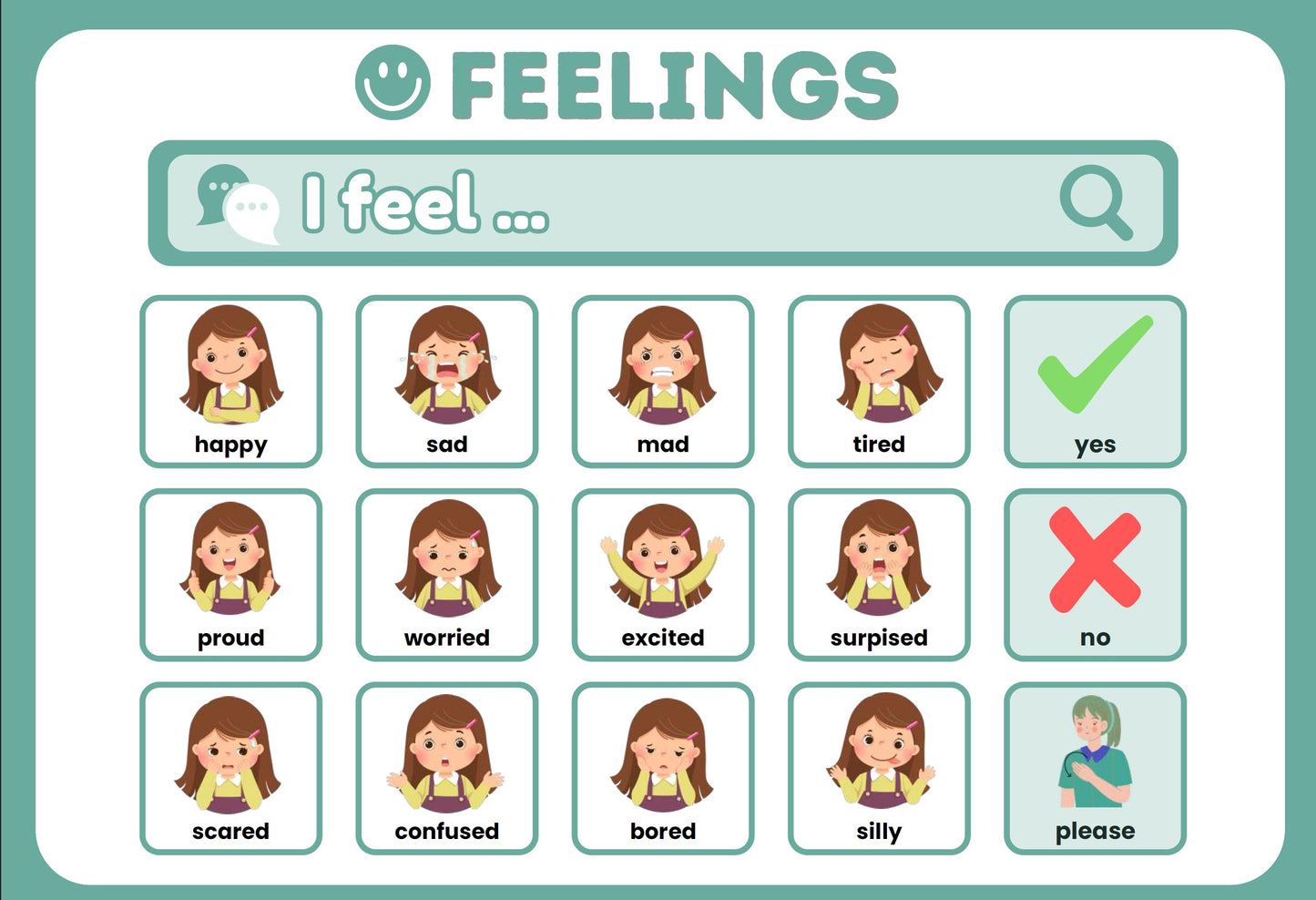 A cartoon-style feelings chart with the title 'FEELINGS' at the top. Below, a search bar says 'I feel .