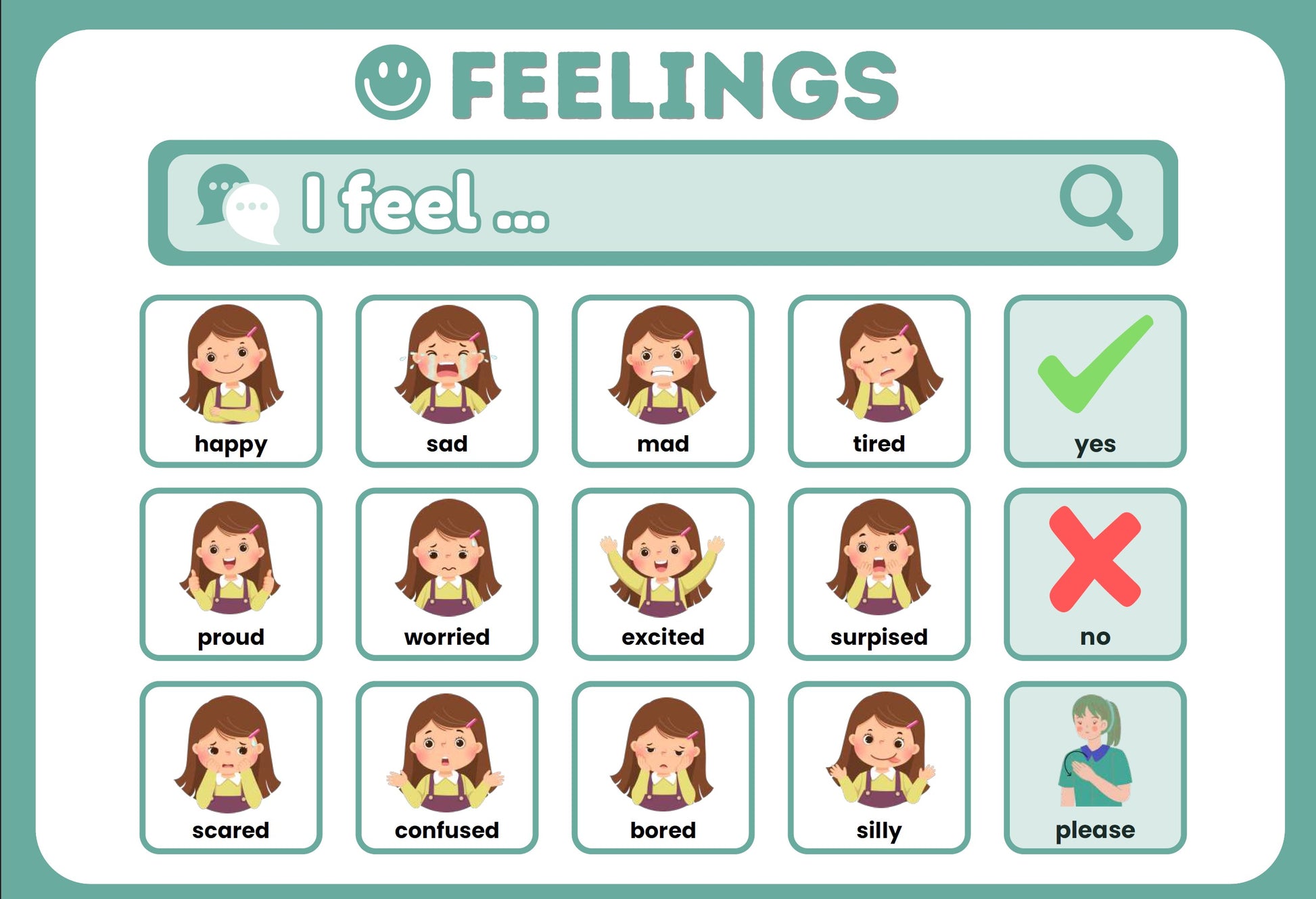 A cartoon-style feelings chart with the title 'FEELINGS' at the top. Below, a search bar says 'I feel .