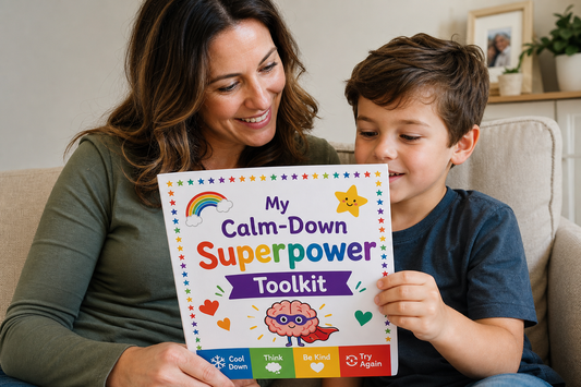 Child completing calm-down workbook — neurodivergent emotional regulation toolkit for ADHD, autism and sensory processing disorder
