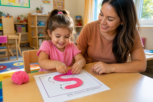 Neurodivergent child using play dough number mat to build fine motor skills and number recognition — sensory learning activity for ADHD and autism