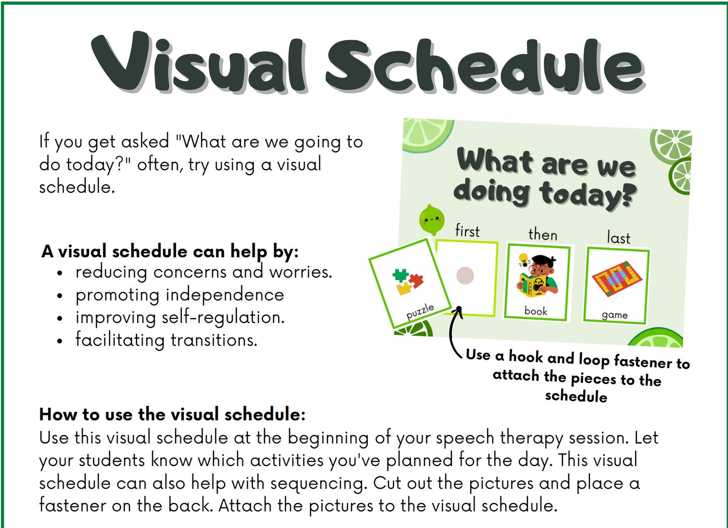 An informational graphic titled 'Visual Schedule' with text explaining how to use a visual schedule in speech therapy, plus a small example schedule layout showing 'first', 'then', and 'last' cards.