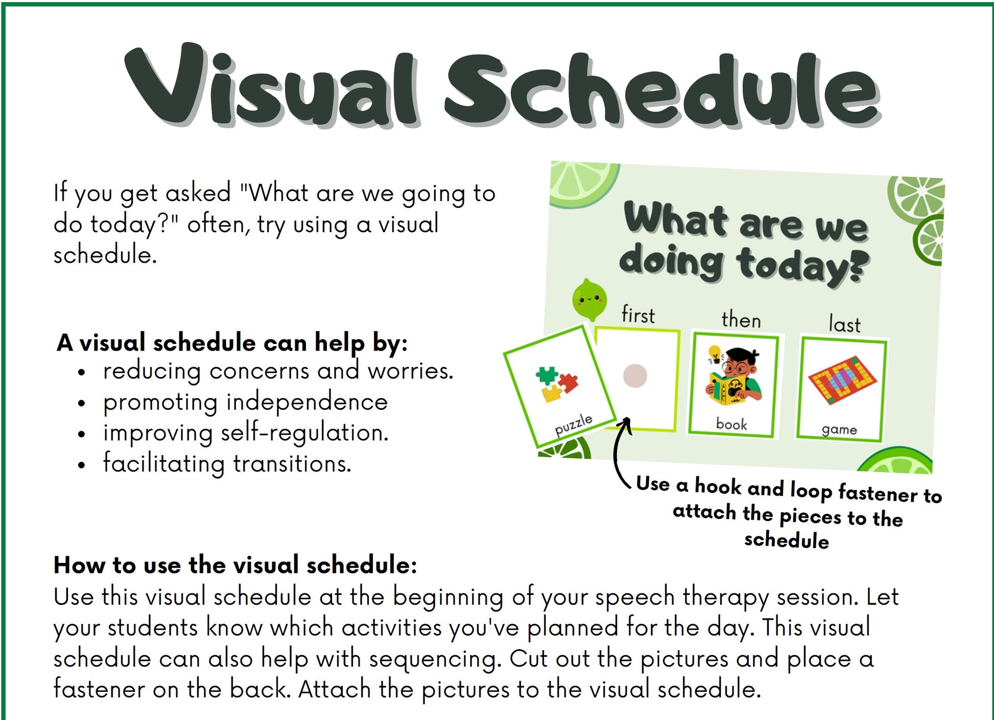 An informational graphic titled 'Visual Schedule' with text explaining how to use a visual schedule in speech therapy, plus a small example schedule layout showing 'first', 'then', and 'last' cards.