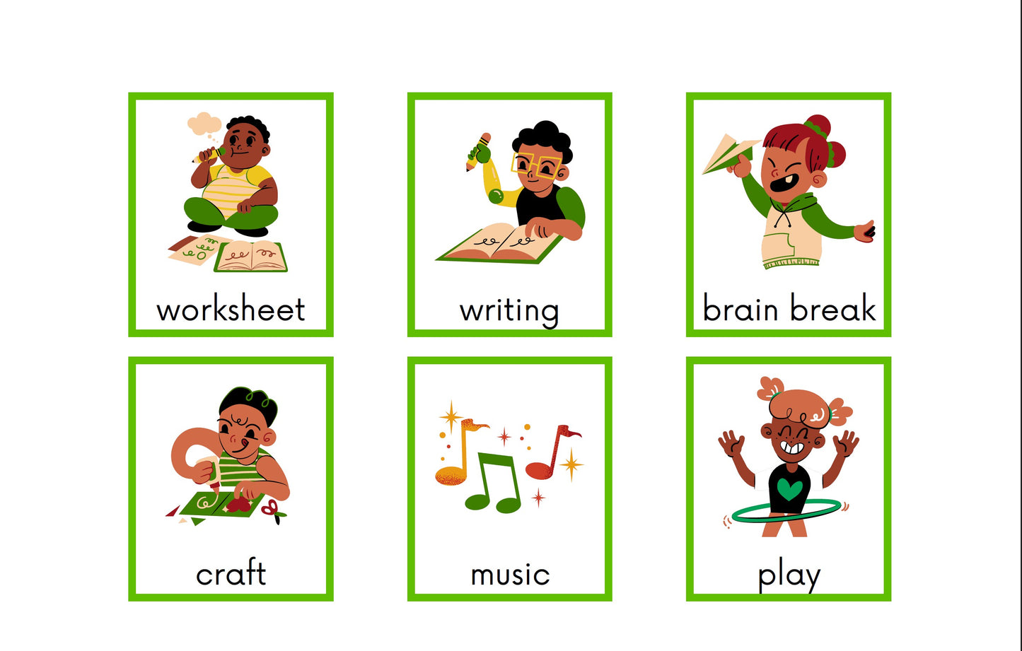 Six green-bordered educational cards on a white background, each with a cartoon illustration and the word underneath: worksheet, writing, brain break, craft, music, and play.