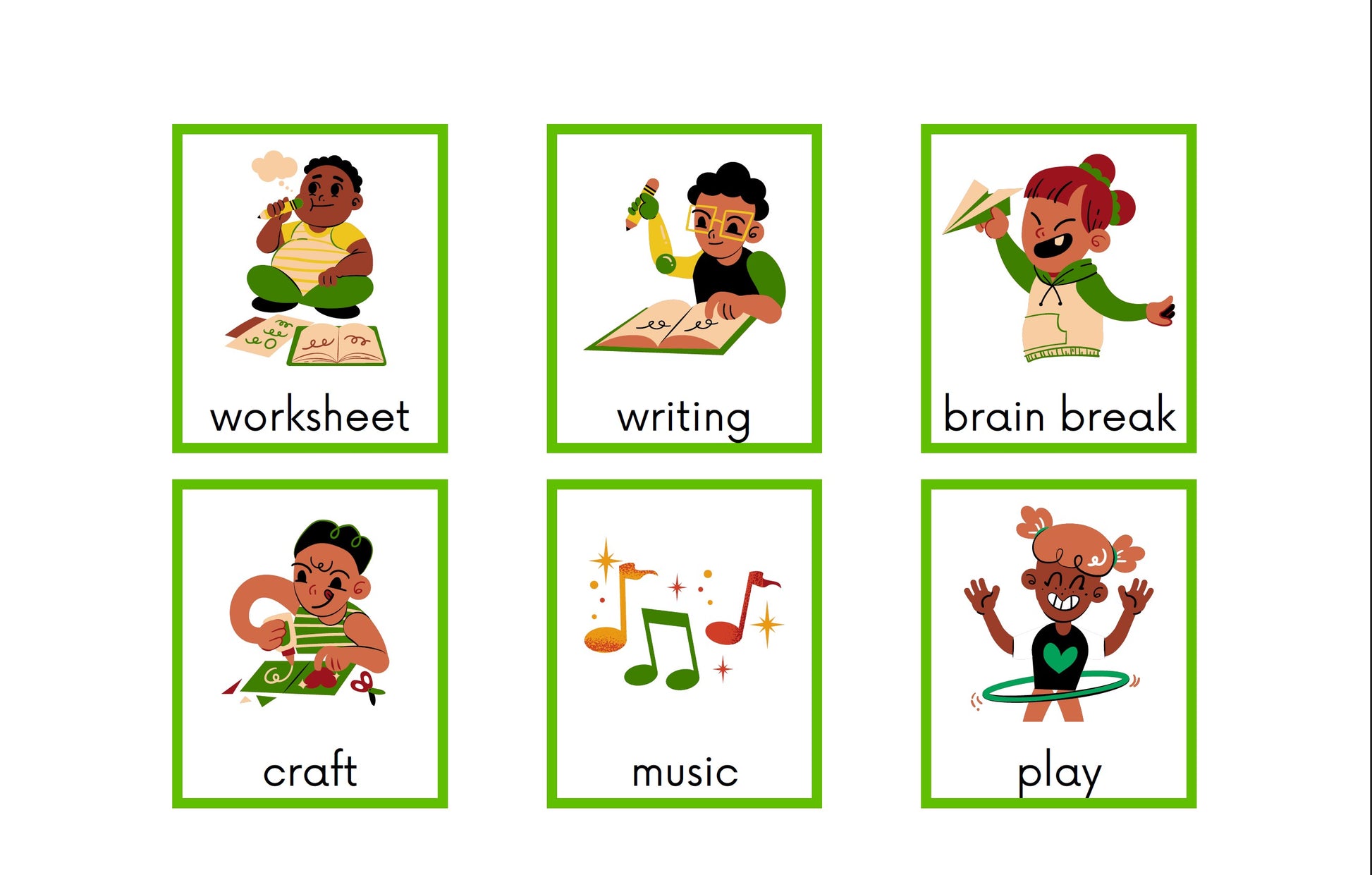 Six green-bordered educational cards on a white background, each with a cartoon illustration and the word underneath: worksheet, writing, brain break, craft, music, and play.